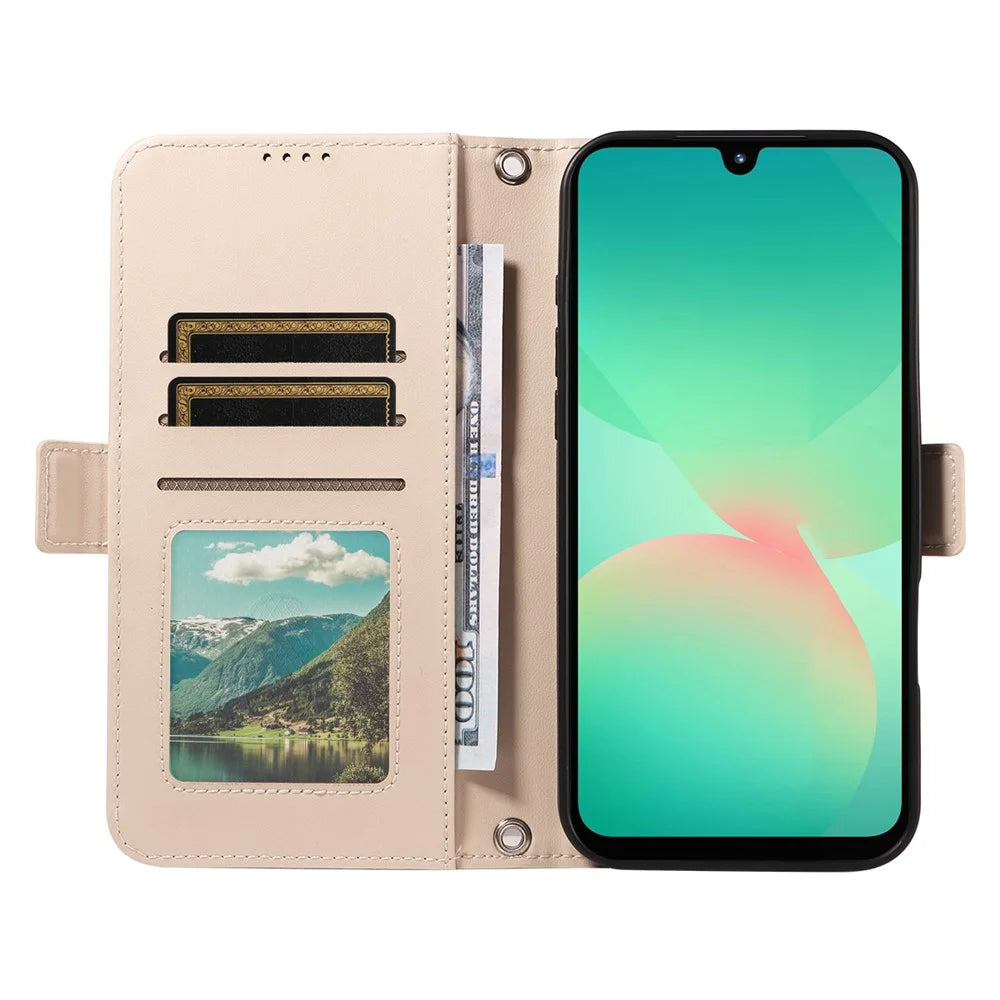 For Samsung Galaxy A18 5G / A17 5G / A17 4G / A26 5G / A16 5G / A16 4G Leather Case Rhinestone Decor Rhombus Pattern Wallet Stand Flip Phone Cover with Straps - Apricot - 2