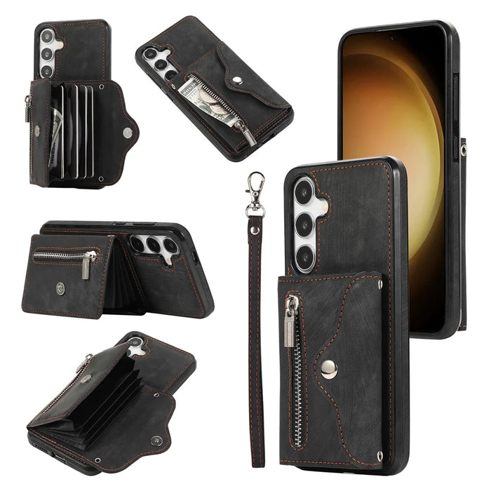 For Samsung Galaxy A57 5G Case Multiple Card Holder Kickstand TPU PU Leather + PC Phone Cover with Wrist Strap - Black - 1