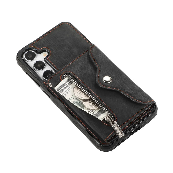 For Samsung Galaxy A57 5G Case Multiple Card Holder Kickstand TPU PU Leather + PC Phone Cover with Wrist Strap - Black - 4