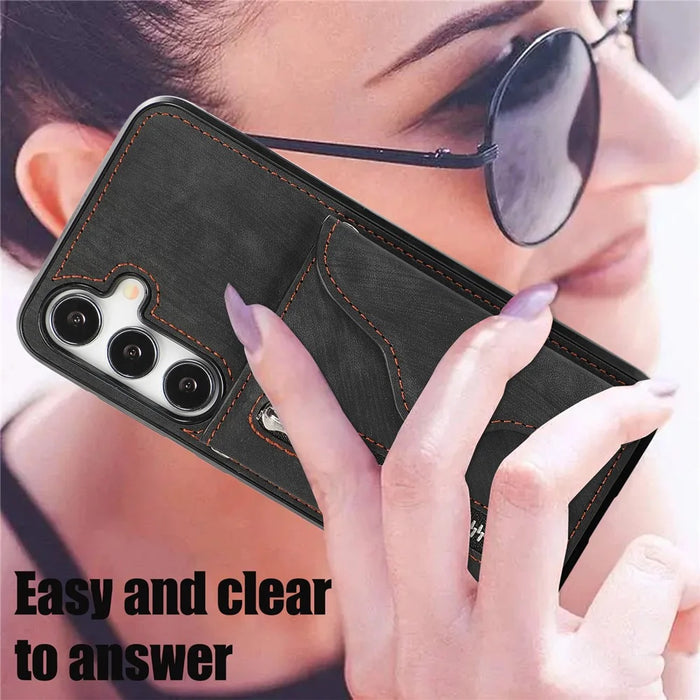 For Samsung Galaxy A57 5G Case Multiple Card Holder Kickstand TPU PU Leather + PC Phone Cover with Wrist Strap - Black - 6