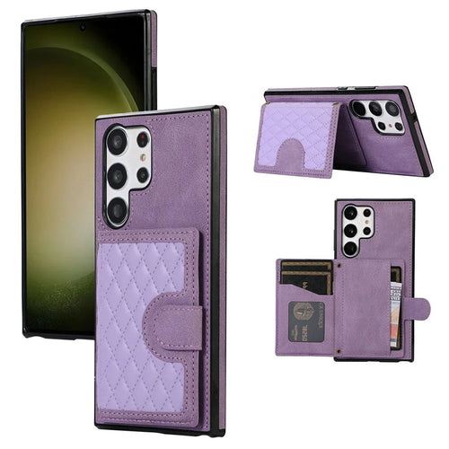 For Samsung Galaxy S26 Ultra Case Rhombus Grid TPU PU Leather PC Phone Cover with Card Holder Kickstand - Purple - 1
