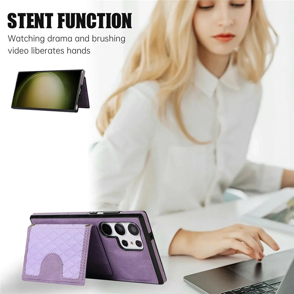 For Samsung Galaxy S26 Ultra Case Rhombus Grid TPU PU Leather PC Phone Cover with Card Holder Kickstand - Purple - 5