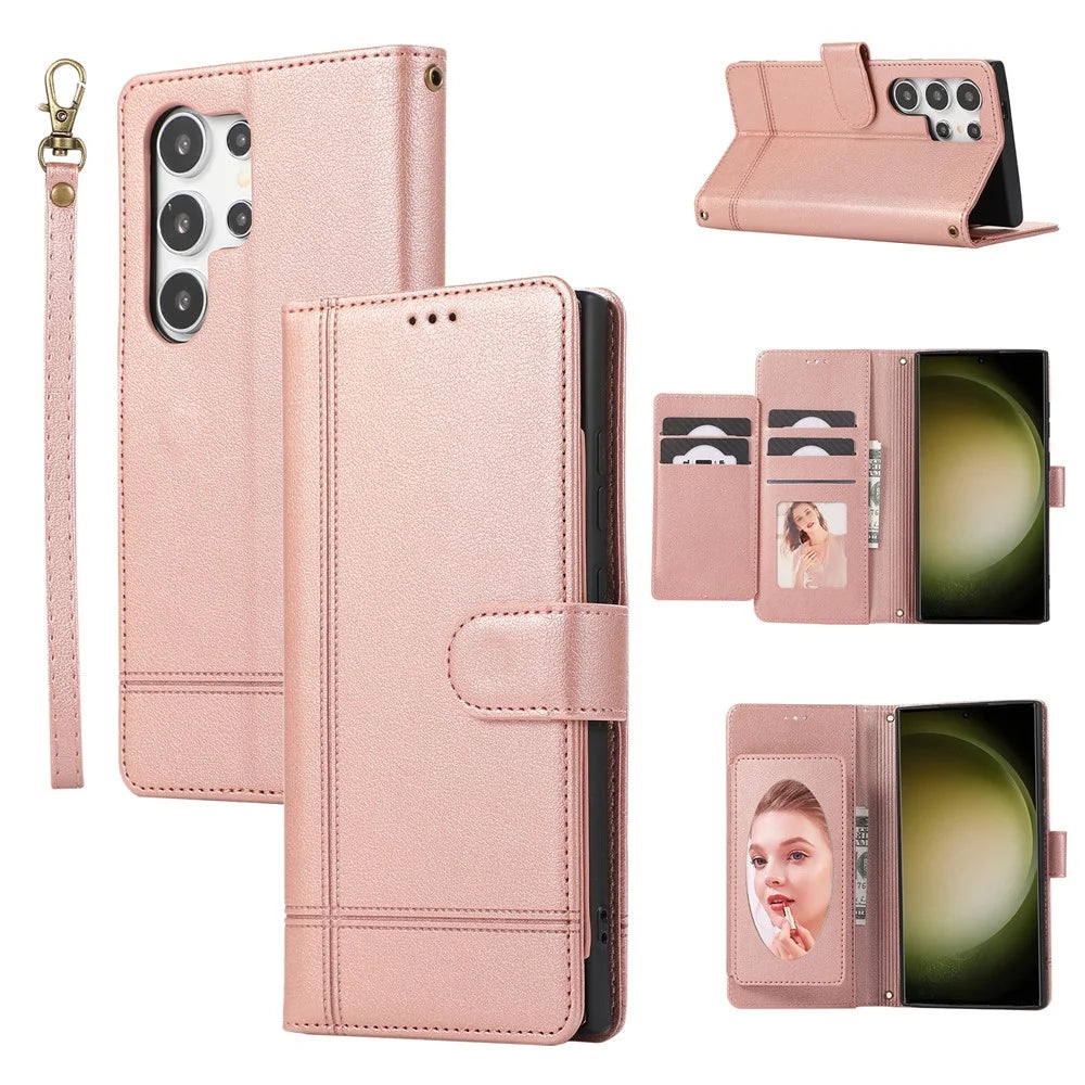For Samsung Galaxy S26 Ultra Case TPU PU Leather Folio Flip Shockproof Phone Cover with Mirror - Rose Gold - 1
