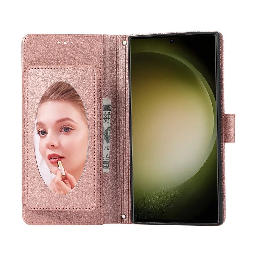 For Samsung Galaxy S26 Ultra Case TPU PU Leather Folio Flip Shockproof Phone Cover with Mirror - Rose Gold - 2