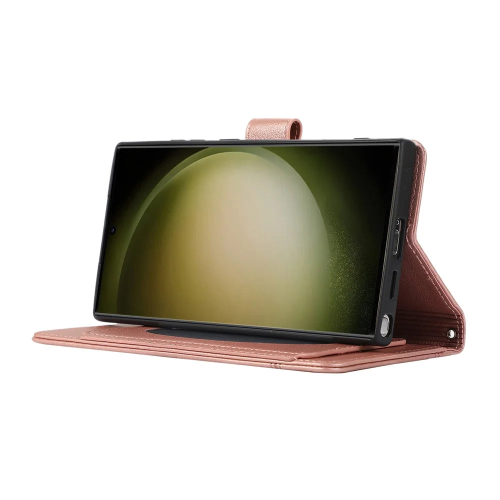 For Samsung Galaxy S26 Ultra Case TPU PU Leather Folio Flip Shockproof Phone Cover with Mirror - Rose Gold - 4