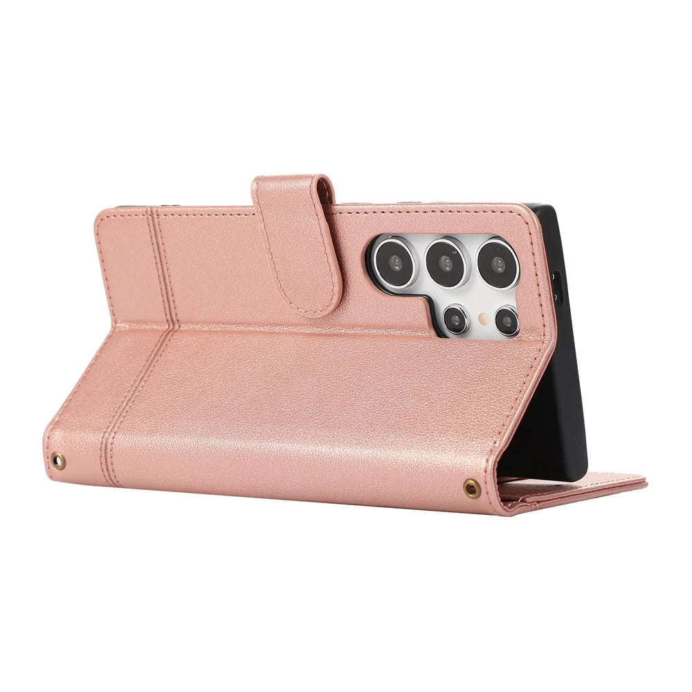 For Samsung Galaxy S26 Ultra Case TPU PU Leather Folio Flip Shockproof Phone Cover with Mirror - Rose Gold - 5