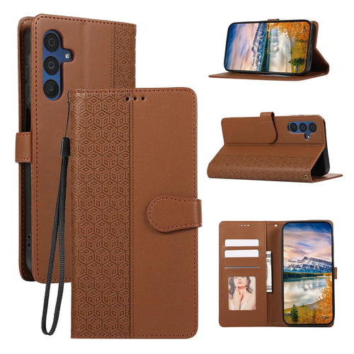 For Samsung Galaxy A57 5G Case Splicing Imprinted Rhombus Leather Phone Cover with Wrist Strap - Brown - 1