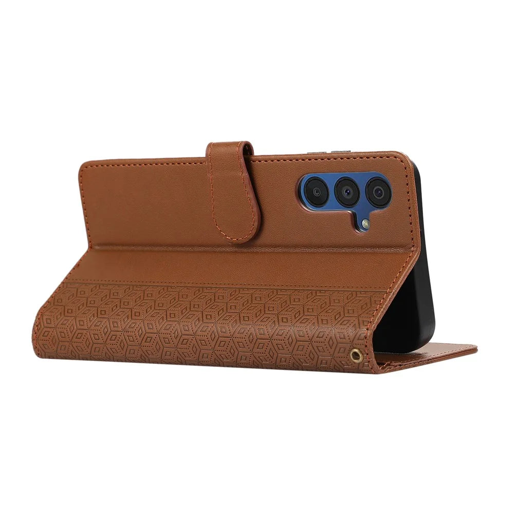 For Samsung Galaxy A57 5G Case Splicing Imprinted Rhombus Leather Phone Cover with Wrist Strap - Brown - 4