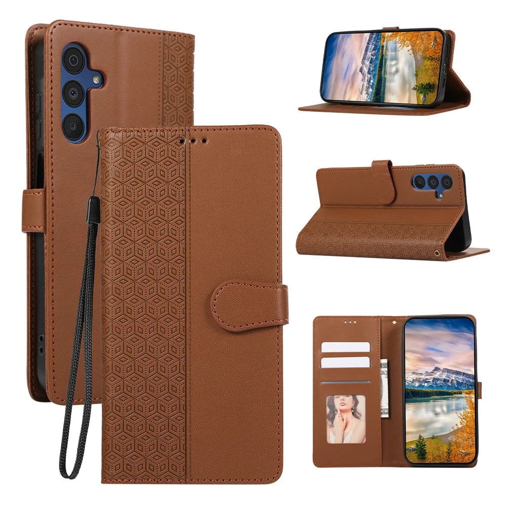 For Samsung Galaxy A37 5G Case Splicing Imprinted Rhombus Leather Phone Cover with Wrist Strap - Brown - 1