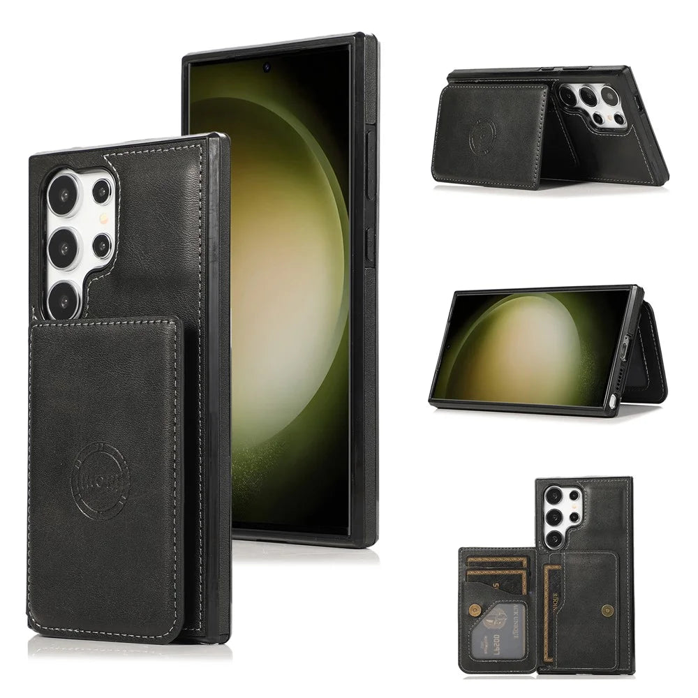 For Samsung Galaxy S26 Ultra Case Card Holder Kickstand PU Leather + TPU Phone Cover - Black - 1