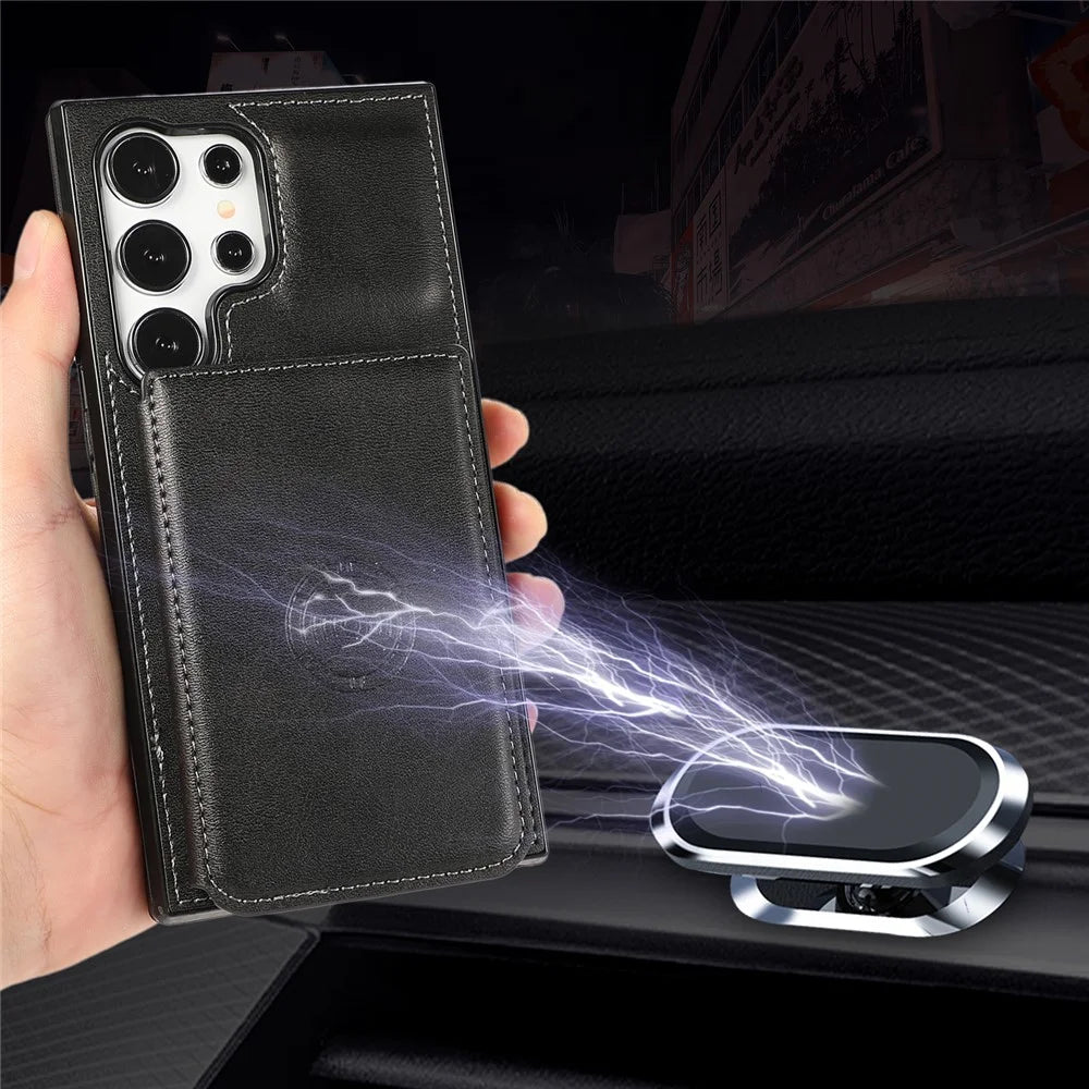 For Samsung Galaxy S26 Ultra Case Card Holder Kickstand PU Leather + TPU Phone Cover - Black - 6