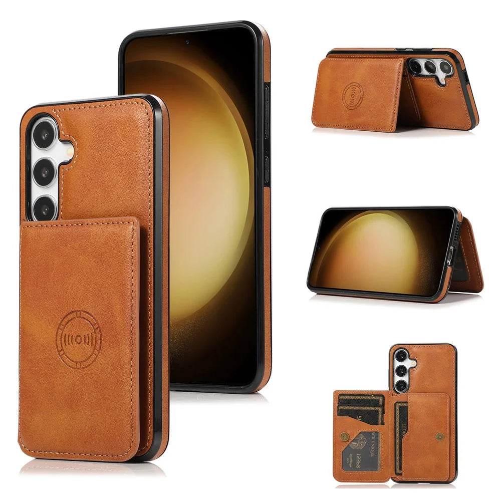 For Samsung Galaxy S26+ Case Card Holder Kickstand PU Leather + TPU Phone Cover - Brown - 1