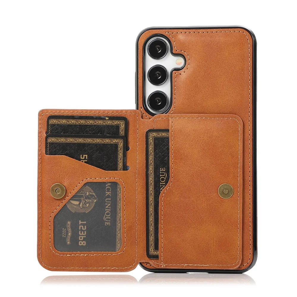 For Samsung Galaxy S26+ Case Card Holder Kickstand PU Leather + TPU Phone Cover - Brown - 2