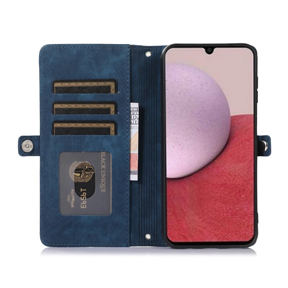 For Samsung Galaxy A57 5G Case Zipper Pocket 9 Card Slots PU Leather Phone Cover with Wrist Strap - Blue - 4