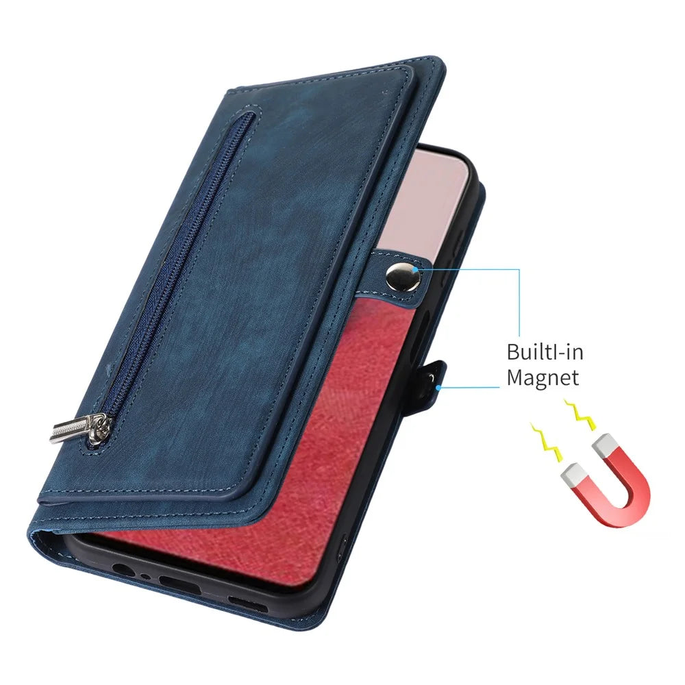 For Samsung Galaxy A57 5G Case Zipper Pocket 9 Card Slots PU Leather Phone Cover with Wrist Strap - Blue - 5