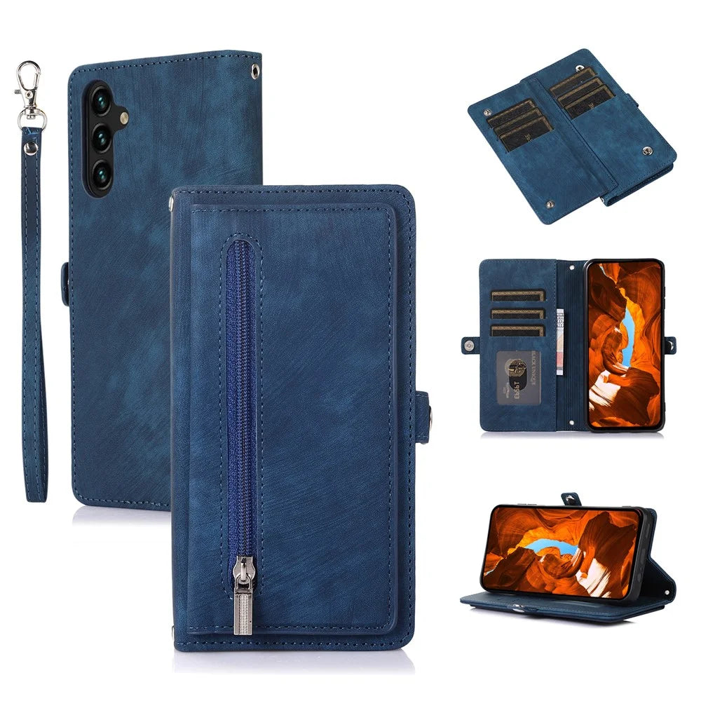 For Samsung Galaxy A37 5G Case Zipper Pocket 9 Card Slots PU Leather Phone Cover with Wrist Strap - Blue - 1