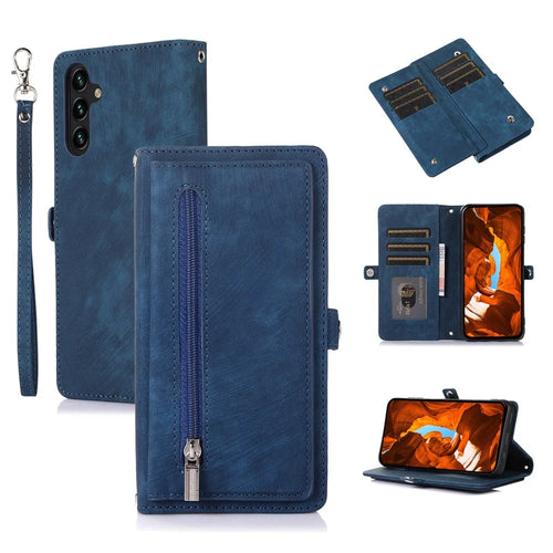 For Samsung Galaxy A37 5G Case Zipper Pocket 9 Card Slots PU Leather Phone Cover with Wrist Strap - Blue - 1