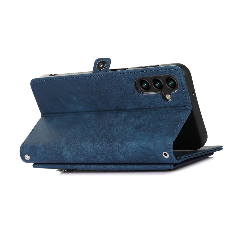 For Samsung Galaxy A37 5G Case Zipper Pocket 9 Card Slots PU Leather Phone Cover with Wrist Strap - Blue - 2