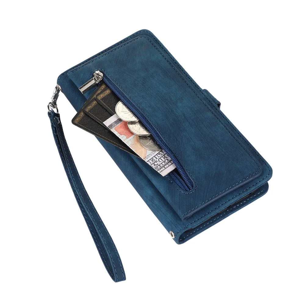 For Samsung Galaxy A37 5G Case Zipper Pocket 9 Card Slots PU Leather Phone Cover with Wrist Strap - Blue - 7
