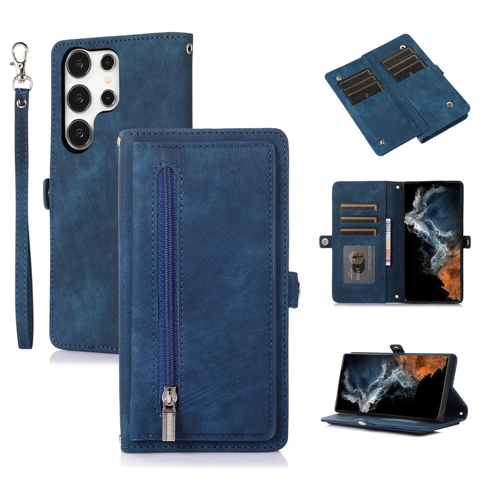 For Samsung Galaxy S26 Ultra Case Zipper Pocket 9 Card Slots PU Leather Phone Cover with Wrist Strap - Blue - 1