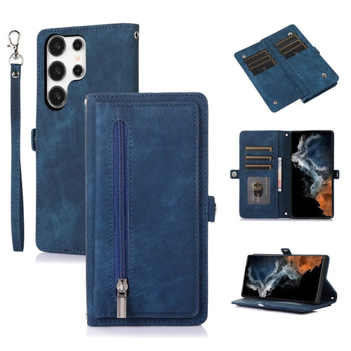For Samsung Galaxy S26 Ultra Case Zipper Pocket 9 Card Slots PU Leather Phone Cover with Wrist Strap - Blue - 1