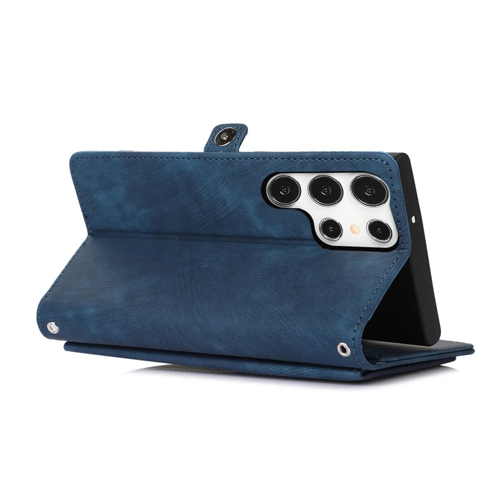 For Samsung Galaxy S26 Ultra Case Zipper Pocket 9 Card Slots PU Leather Phone Cover with Wrist Strap - Blue - 2