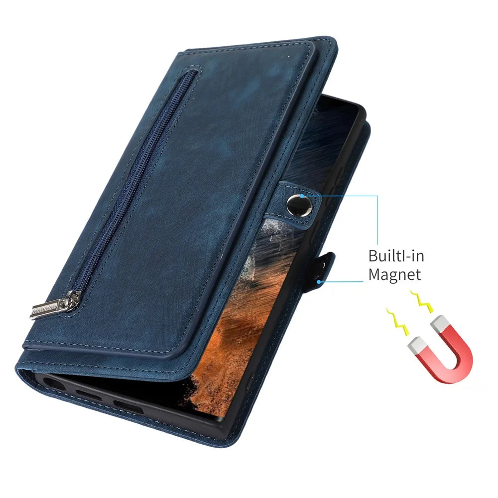 For Samsung Galaxy S26 Ultra Case Zipper Pocket 9 Card Slots PU Leather Phone Cover with Wrist Strap - Blue - 5