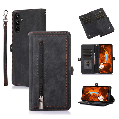 For Samsung Galaxy S26+ Case Zipper Pocket 9 Card Slots PU Leather Phone Cover with Wrist Strap - Black - 1