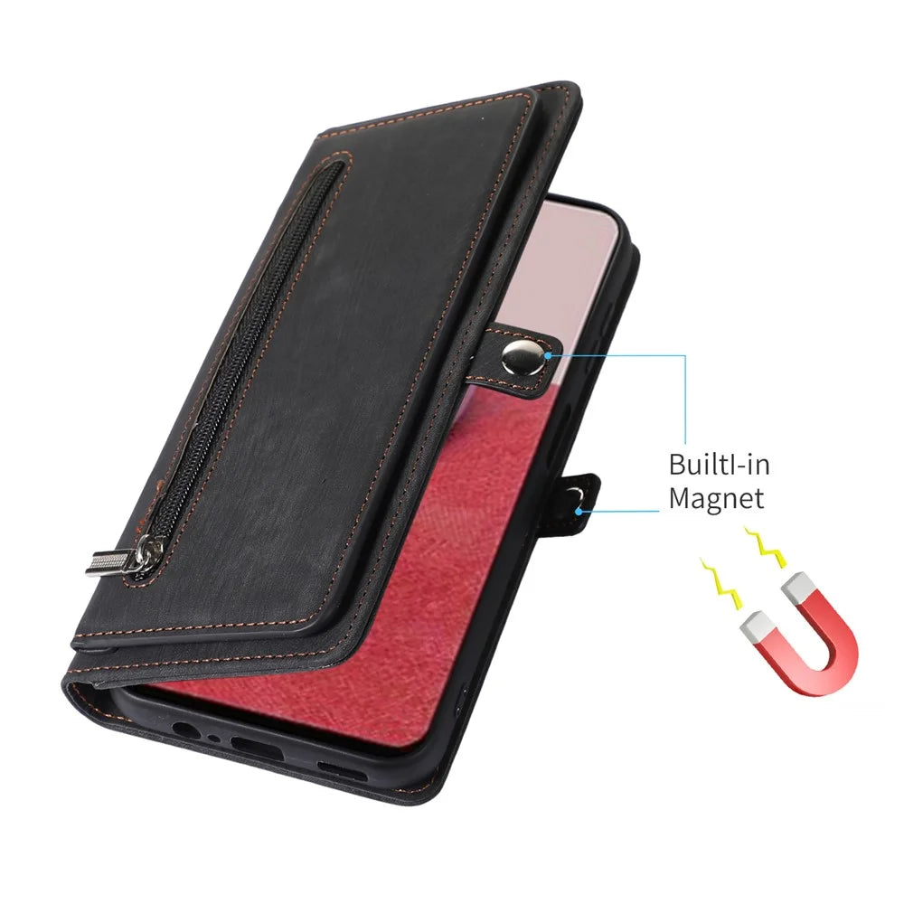 For Samsung Galaxy S26+ Case Zipper Pocket 9 Card Slots PU Leather Phone Cover with Wrist Strap - Black - 5