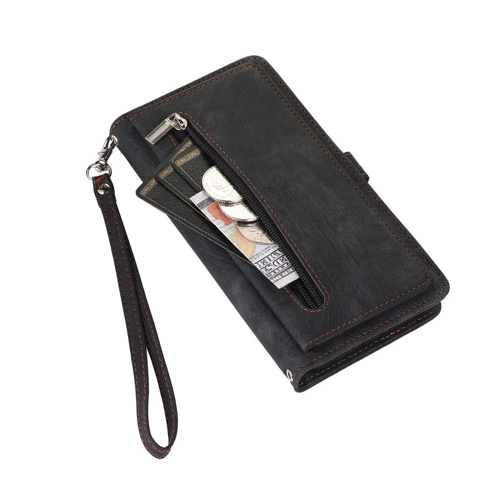For Samsung Galaxy S26+ Case Zipper Pocket 9 Card Slots PU Leather Phone Cover with Wrist Strap - Black - 7