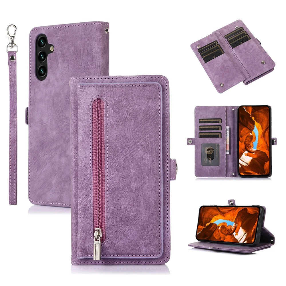 For Samsung Galaxy S26 Case Zipper Pocket 9 Card Slots PU Leather Phone Cover with Wrist Strap - Purple - 1