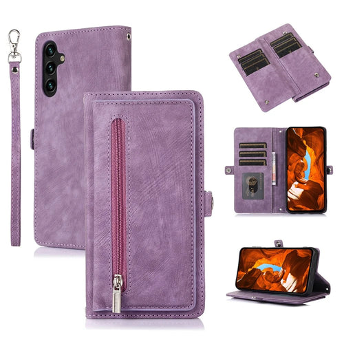 For Samsung Galaxy S26 Case Zipper Pocket 9 Card Slots PU Leather Phone Cover with Wrist Strap - Purple - 1