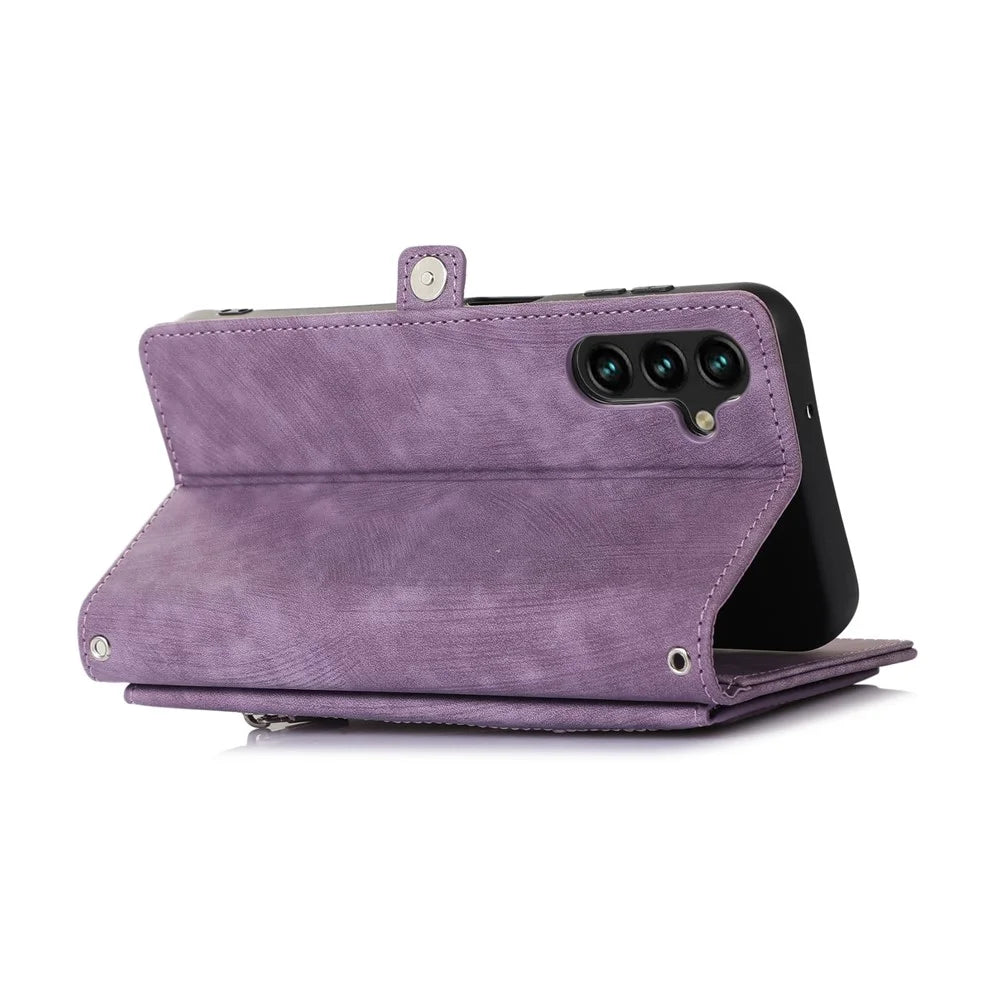 For Samsung Galaxy S26 Case Zipper Pocket 9 Card Slots PU Leather Phone Cover with Wrist Strap - Purple - 2