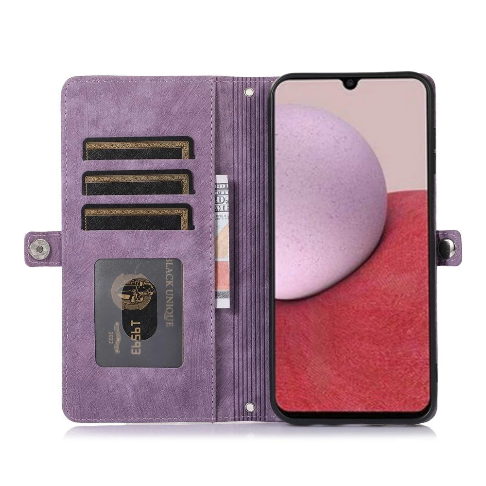 For Samsung Galaxy S26 Case Zipper Pocket 9 Card Slots PU Leather Phone Cover with Wrist Strap - Purple - 4
