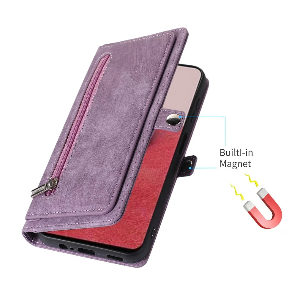 For Samsung Galaxy S26 Case Zipper Pocket 9 Card Slots PU Leather Phone Cover with Wrist Strap - Purple - 5