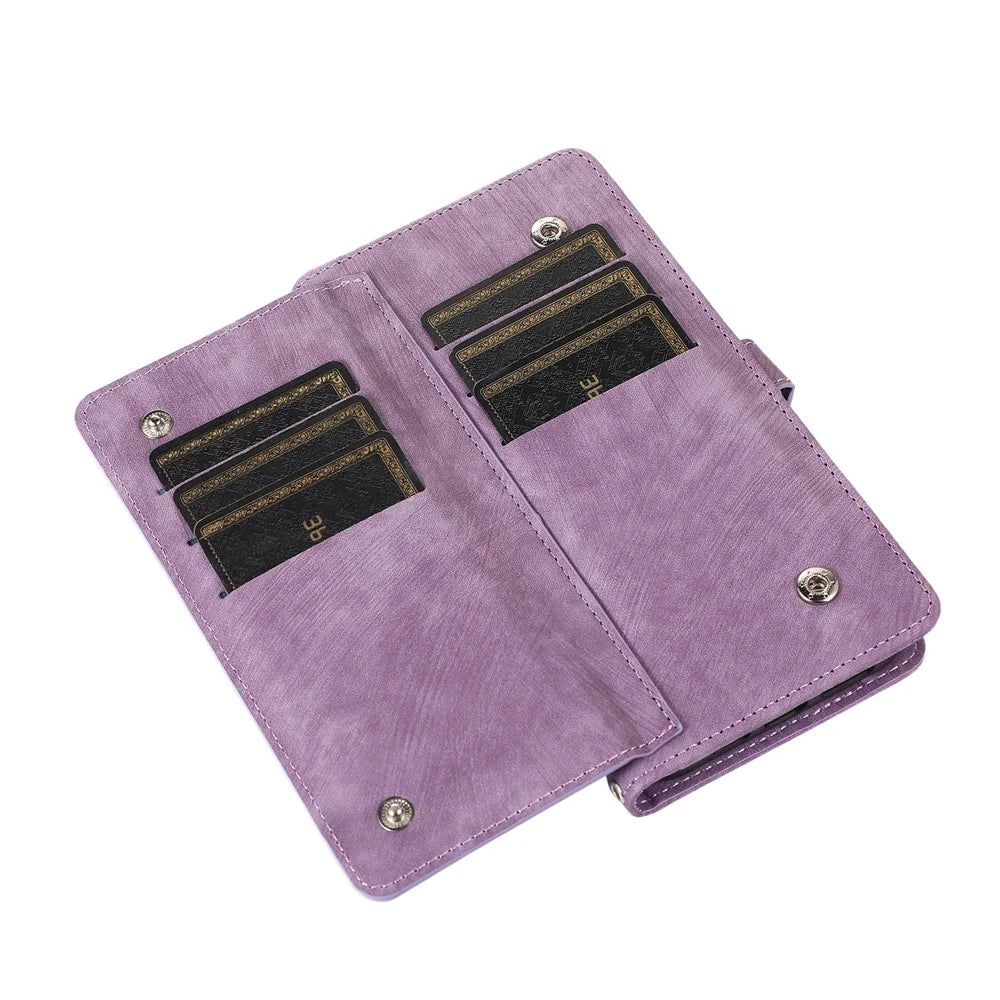 For Samsung Galaxy S26 Case Zipper Pocket 9 Card Slots PU Leather Phone Cover with Wrist Strap - Purple - 6