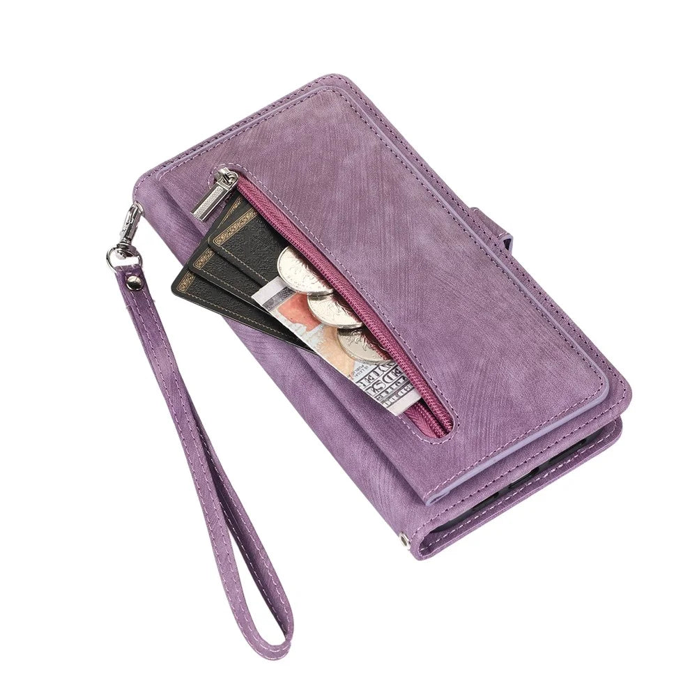 For Samsung Galaxy S26 Case Zipper Pocket 9 Card Slots PU Leather Phone Cover with Wrist Strap - Purple - 7