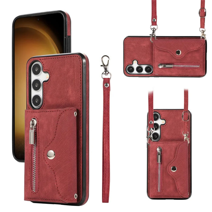 For Samsung Galaxy A37 5G Cell Phone Case PU Leather + TPU RFID Blocking Card Slots Cover with 2 Straps - Red - 1