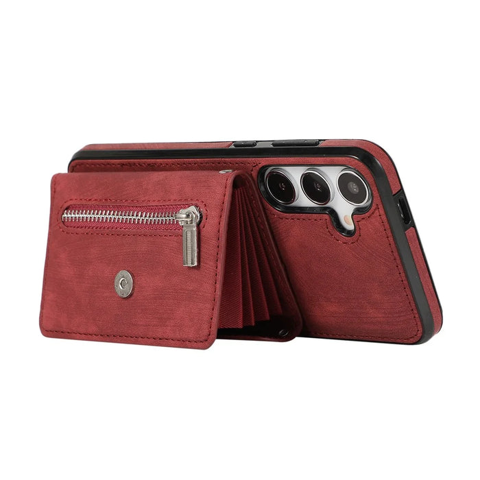 For Samsung Galaxy A37 5G Cell Phone Case PU Leather + TPU RFID Blocking Card Slots Cover with 2 Straps - Red - 3
