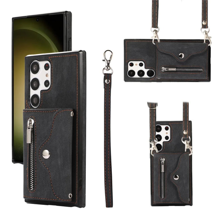 For Samsung Galaxy S26 Ultra Cell Phone Case PU Leather + TPU RFID Blocking Card Slots Cover with 2 Straps - Black - 1
