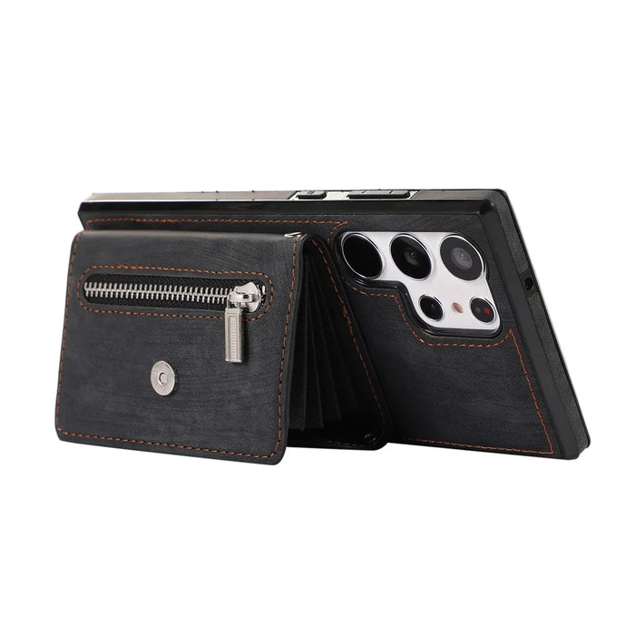 For Samsung Galaxy S26 Ultra Cell Phone Case PU Leather + TPU RFID Blocking Card Slots Cover with 2 Straps - Black - 3