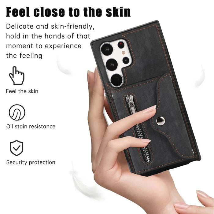 For Samsung Galaxy S26 Ultra Cell Phone Case PU Leather + TPU RFID Blocking Card Slots Cover with 2 Straps - Black - 6