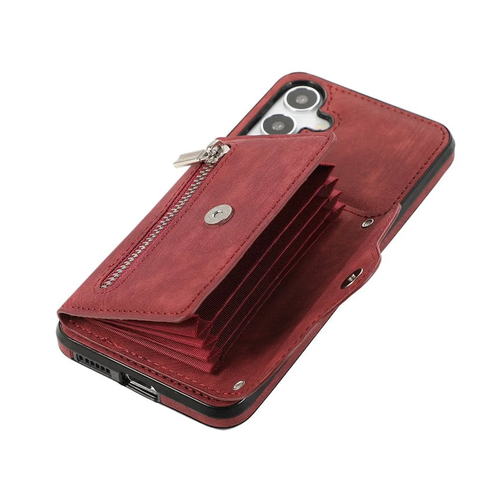 For Samsung Galaxy A37 5G Case Multiple Card Holder Kickstand TPU PU Leather + PC Phone Cover with Wrist Strap - Red - 4