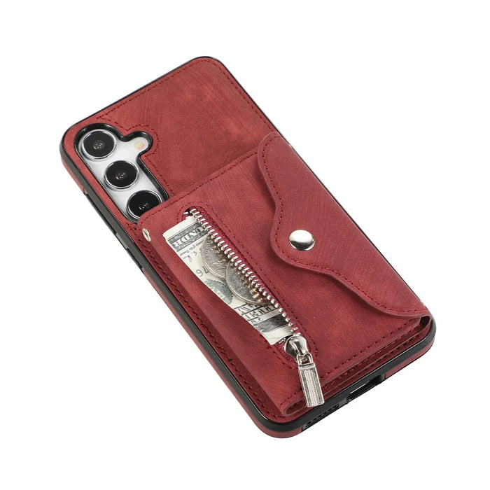 For Samsung Galaxy A37 5G Case Multiple Card Holder Kickstand TPU PU Leather + PC Phone Cover with Wrist Strap - Red - 5