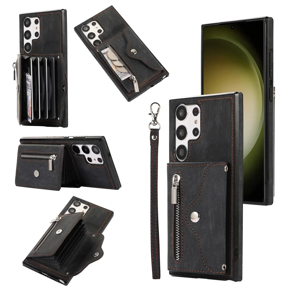 For Samsung Galaxy S26 Ultra Case Multiple Card Holder Kickstand TPU PU Leather + PC Phone Cover with Wrist Strap - Black - 1
