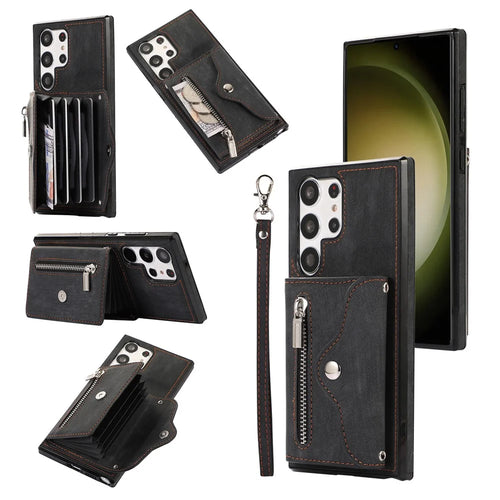 For Samsung Galaxy S26 Ultra Case Multiple Card Holder Kickstand TPU PU Leather + PC Phone Cover with Wrist Strap - Black - 1