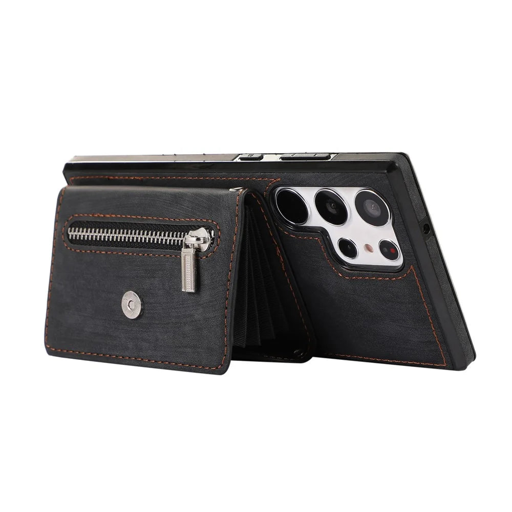 For Samsung Galaxy S26 Ultra Case Multiple Card Holder Kickstand TPU PU Leather + PC Phone Cover with Wrist Strap - Black - 3