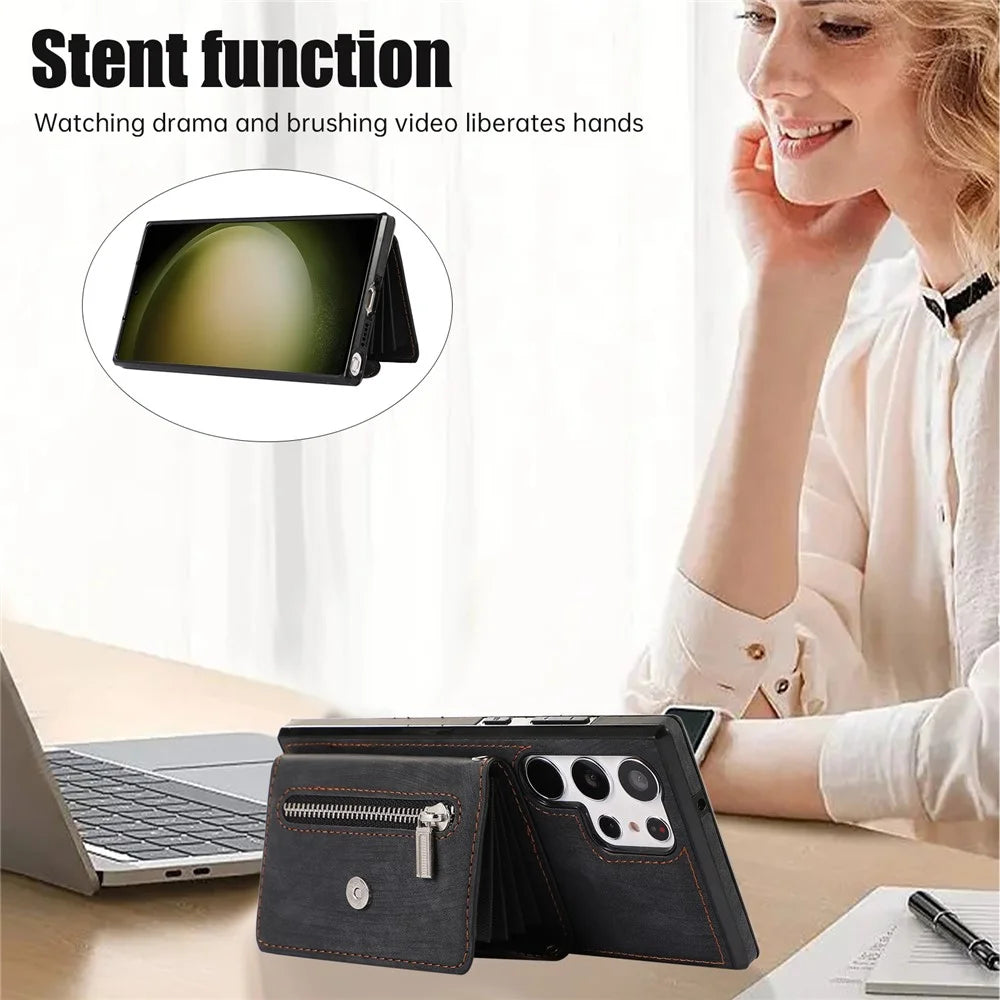 For Samsung Galaxy S26 Ultra Case Multiple Card Holder Kickstand TPU PU Leather + PC Phone Cover with Wrist Strap - Black - 7