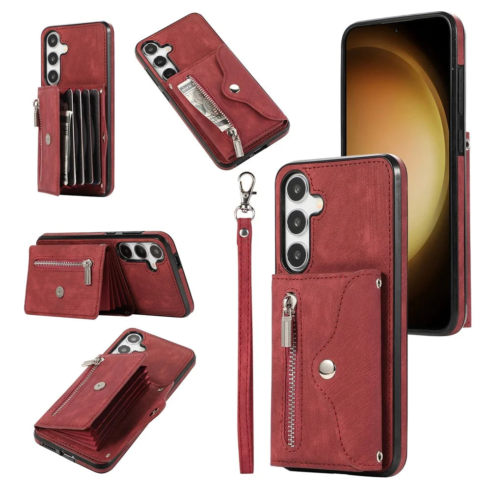 For Samsung Galaxy S26 Case Multiple Card Holder Kickstand TPU PU Leather + PC Phone Cover with Wrist Strap - Red - 1