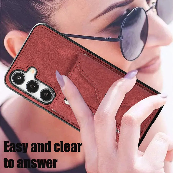 For Samsung Galaxy S26 Case Multiple Card Holder Kickstand TPU PU Leather + PC Phone Cover with Wrist Strap - Red - 7